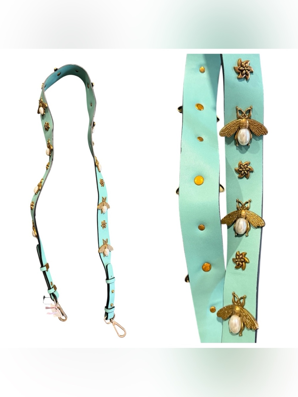 New NWT Queen Bee Mint Green Decorative Bee-Studded Pearl Gold Leather Bag Strap